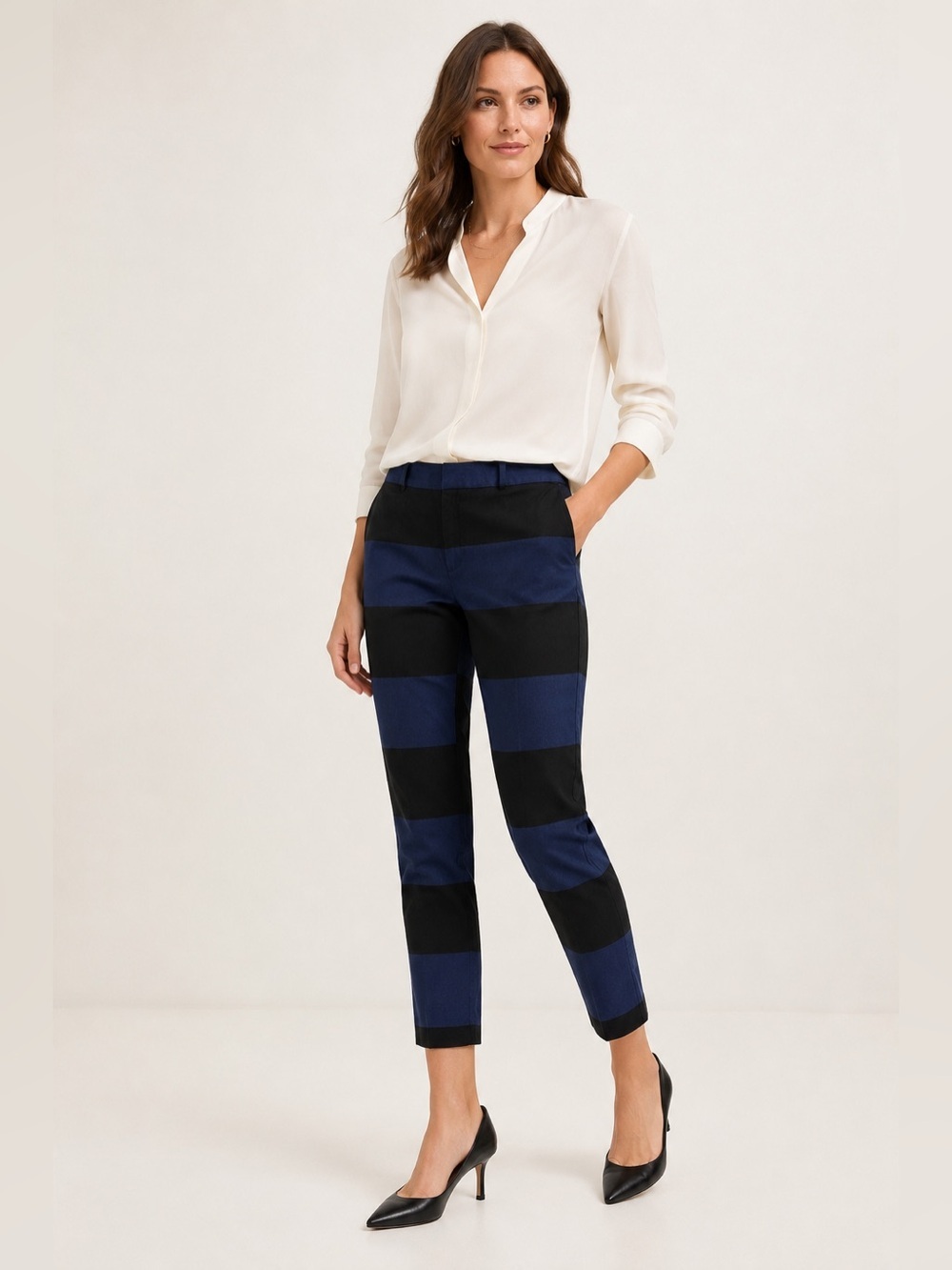 Banana Republic Sloan Pants Women Size 14 Blue Black Stripe Ankle Stretch Career